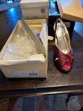 Michaelangelo Satin Slingback Peep-Toe Heels in wine